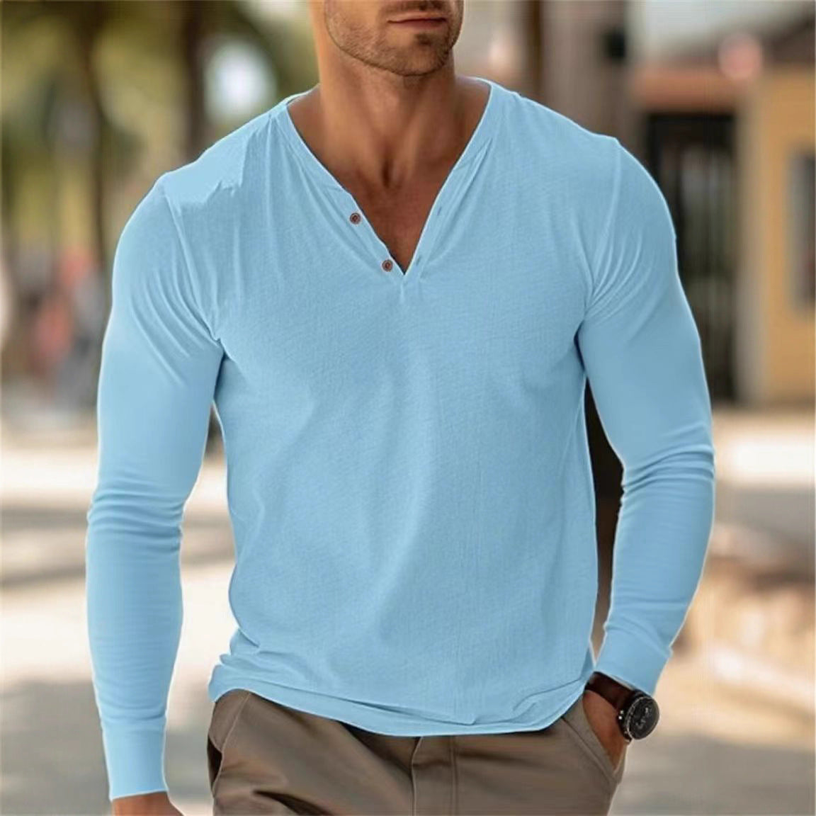 Herren Hemd Langarm V-Ausschnitt Modern Knopfleiste