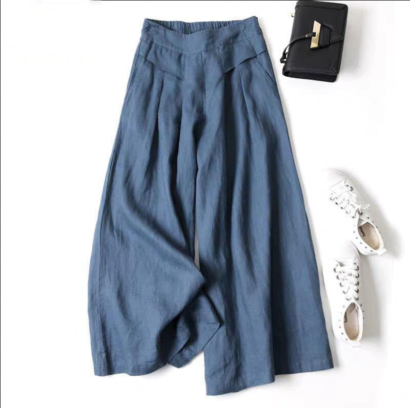 Damen Leinenhose Weit Bequem Mit Hochem Bund