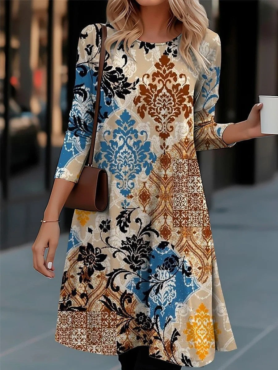Damen Langarmkleid mit Farbenfrohem Muster Modern