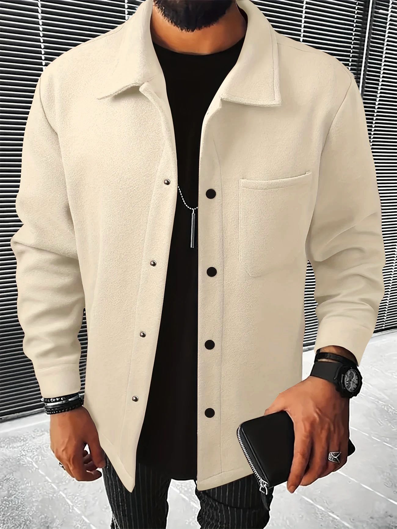 Herren Überwurfjacke Flauschig Modisch Schwarz
