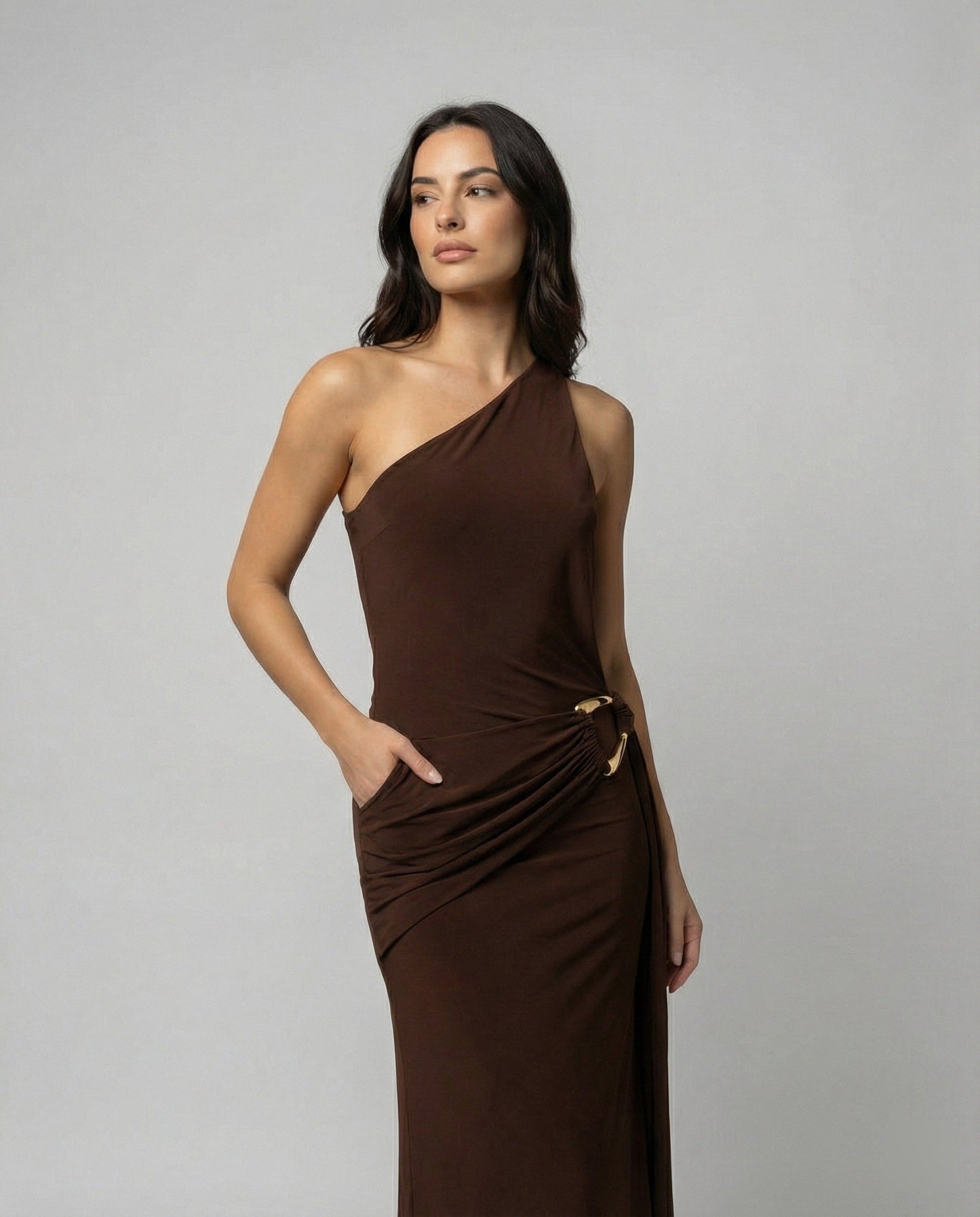 Elegantes Damenkleid Satin Asymmetrischer Ausschnitt