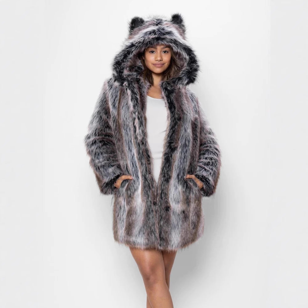 Damen Faux-Fur-Mantel mit Kapuze Warm und Ohrenschützer