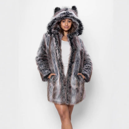 Damen Faux-Fur-Mantel mit Kapuze Warm und Ohrenschützer