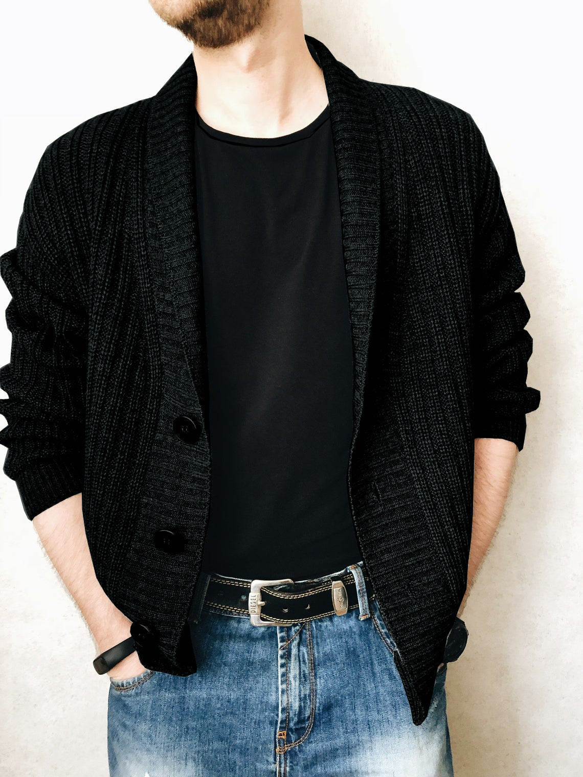 Herren Strickjacke Modern Schalkragen Knöpfe Schwarz