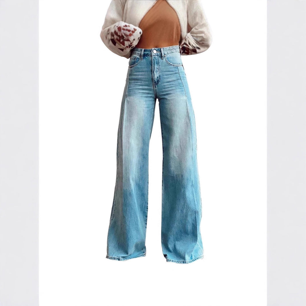 Damen Hochtaillierte Jeans Weite Bein mit Nähten - BerlinGlamour