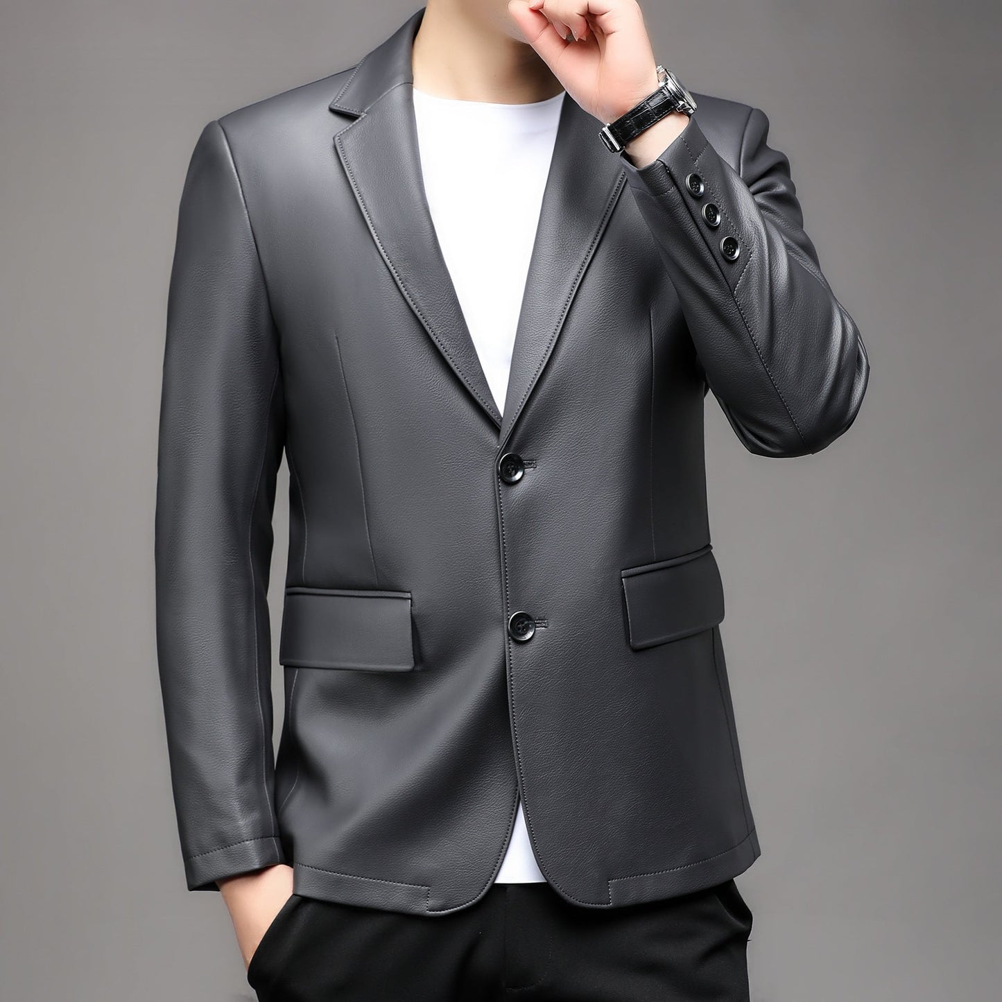 Herren Blazer Kunstleder Elegant Klassisch Schwarz
