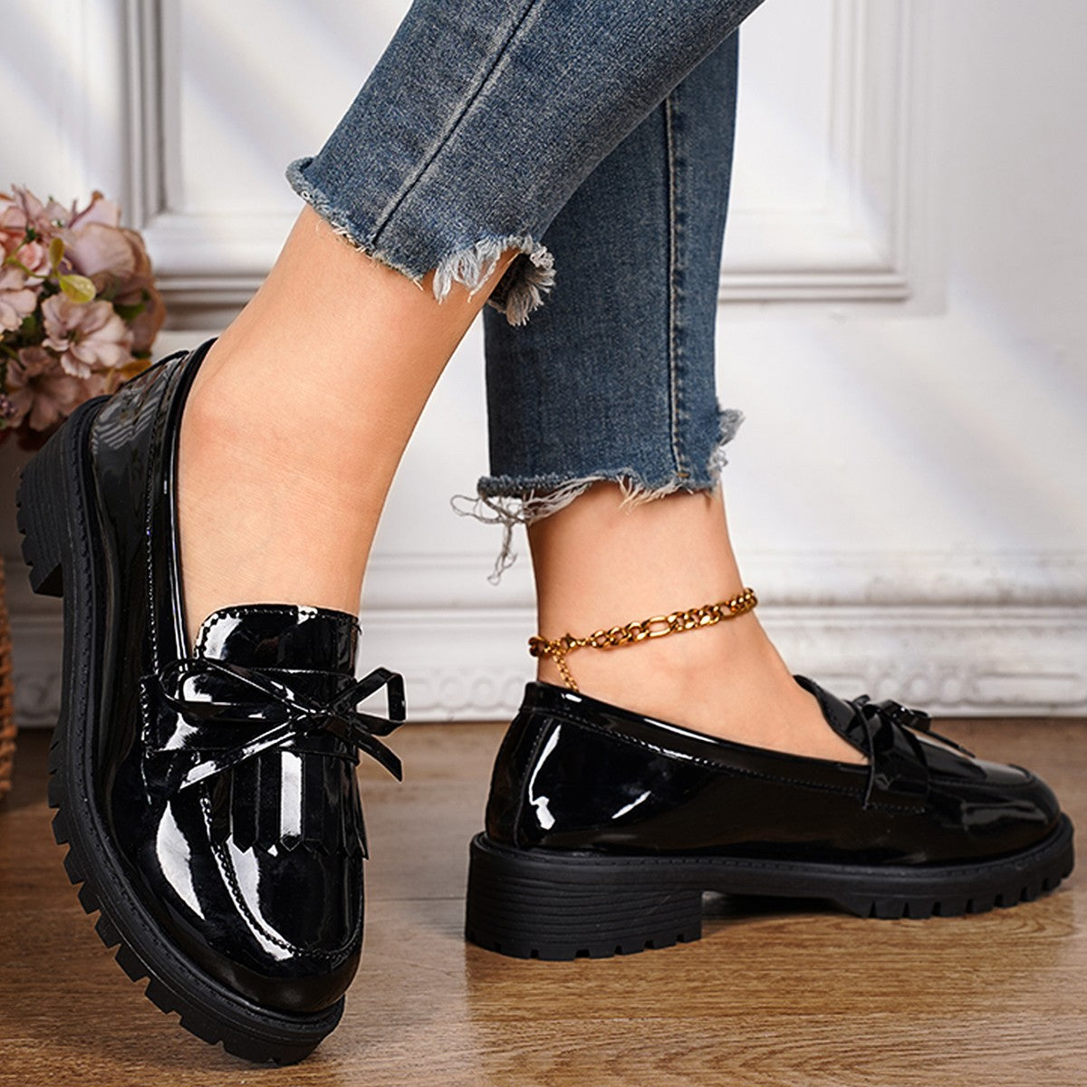 Damen Loafers Elegantes Design Lackleder Schleife