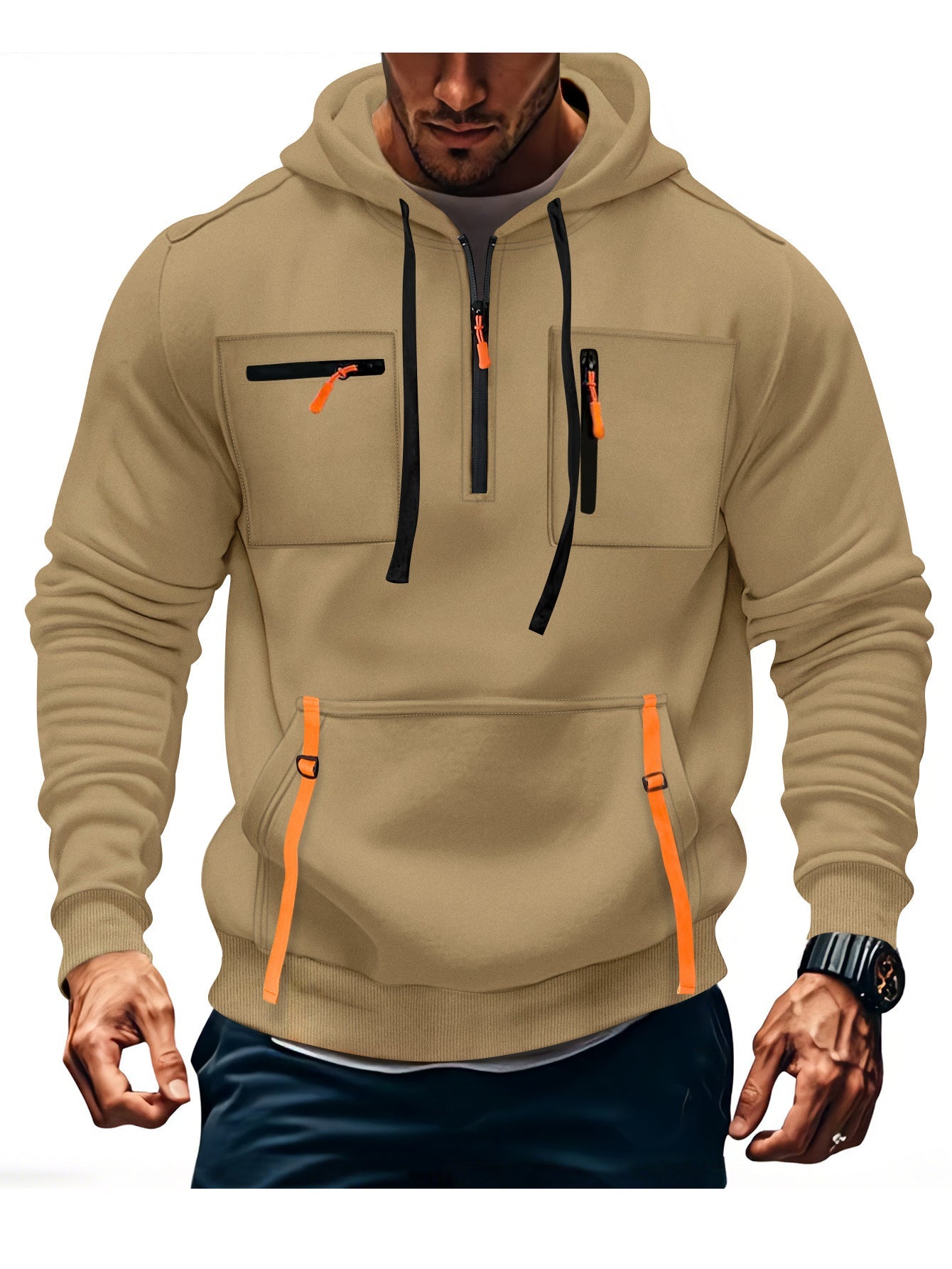 Herren Kapuzenpullover Modisch Reißverschluss Taschen Schwarz