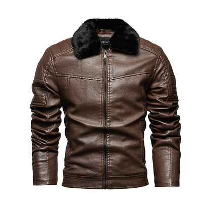 Herren Lederjacke Teddykragen Weich Schwarz Stilvoll