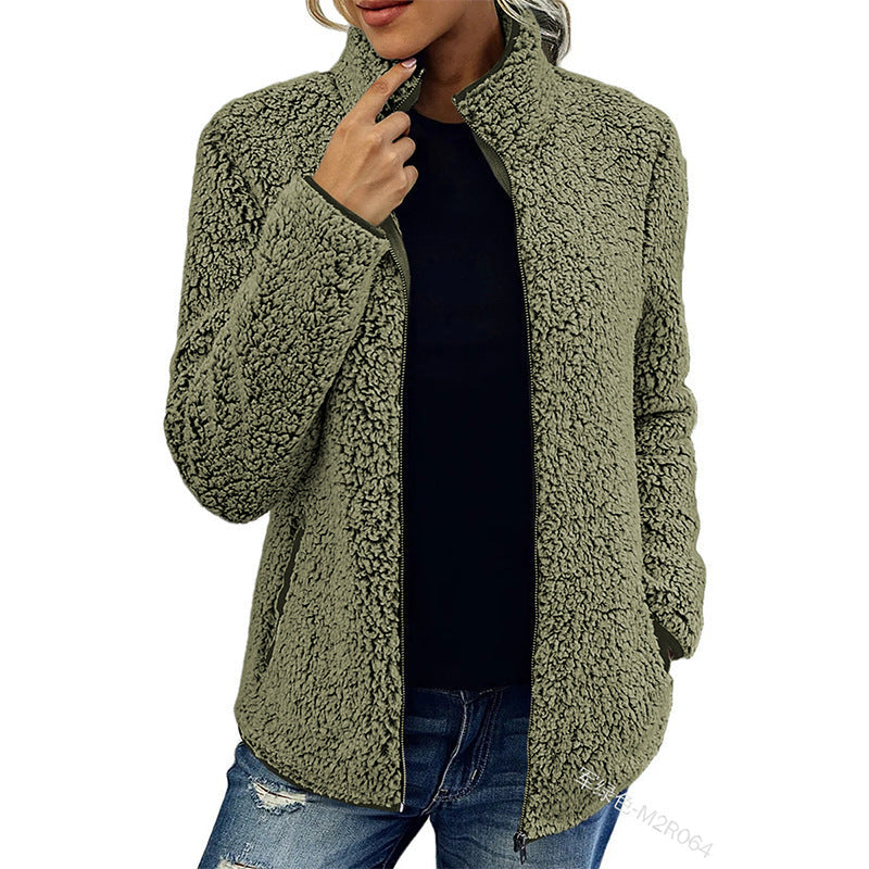 Damen Fleecejacke Flauschig Warm mit Kragen und Taschen