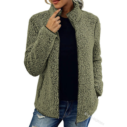 Damen Fleecejacke Flauschig Warm mit Kragen und Taschen