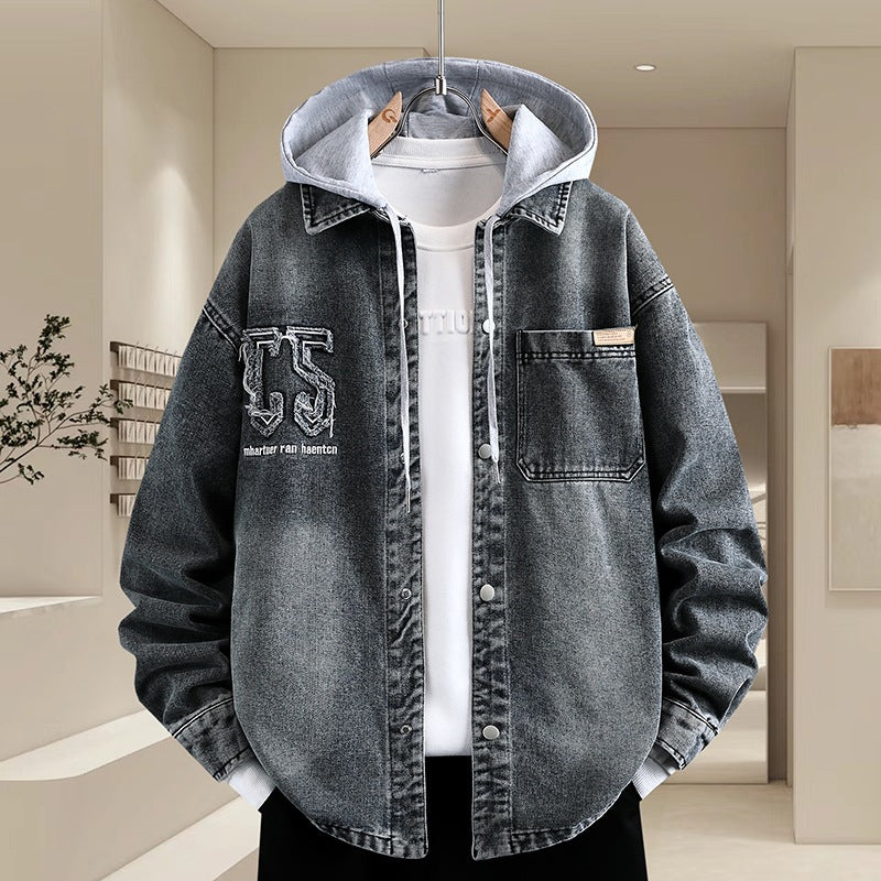 Herren Denim-Hemdjacke Lässig Mit Kapuze Modern