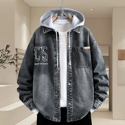 Herren Denim-Hemdjacke Lässig Mit Kapuze Modern