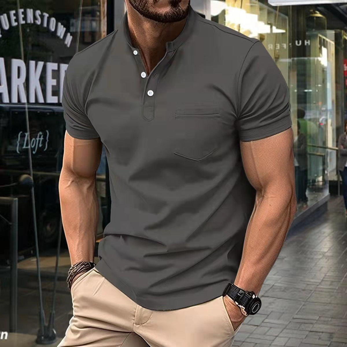 Herren Kurzarmhemd Modern mit Stehkragen und Brusttasche