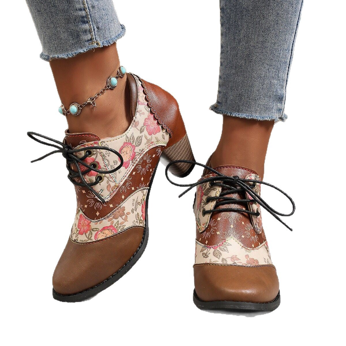 Damen Schuhe Blumenmuster Blockabsatz Robust