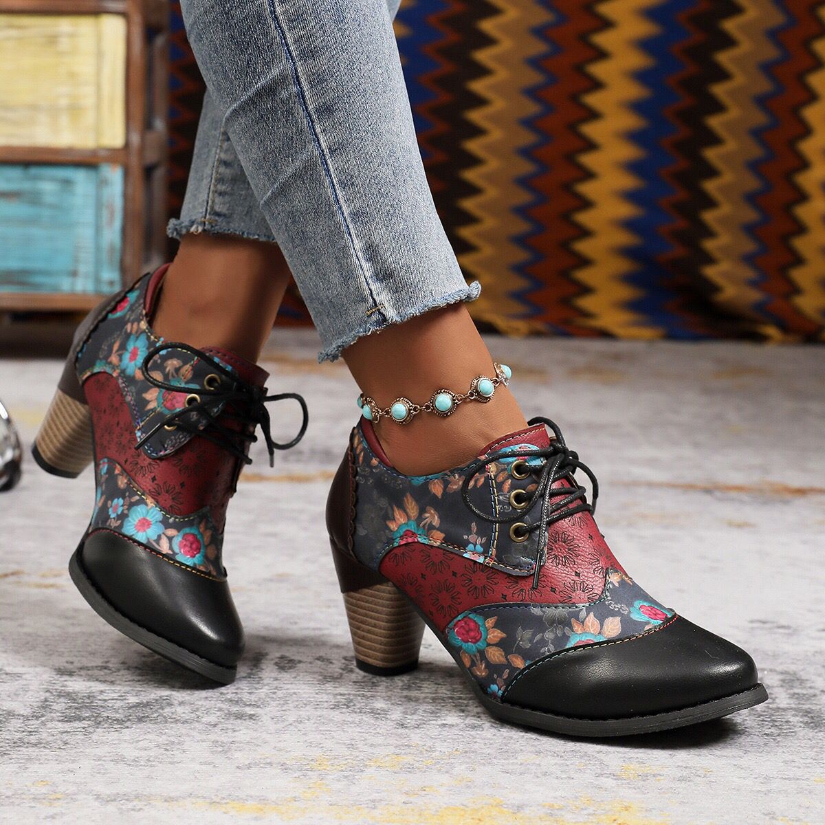 Damen Schuhe Blumenmuster Blockabsatz Robust