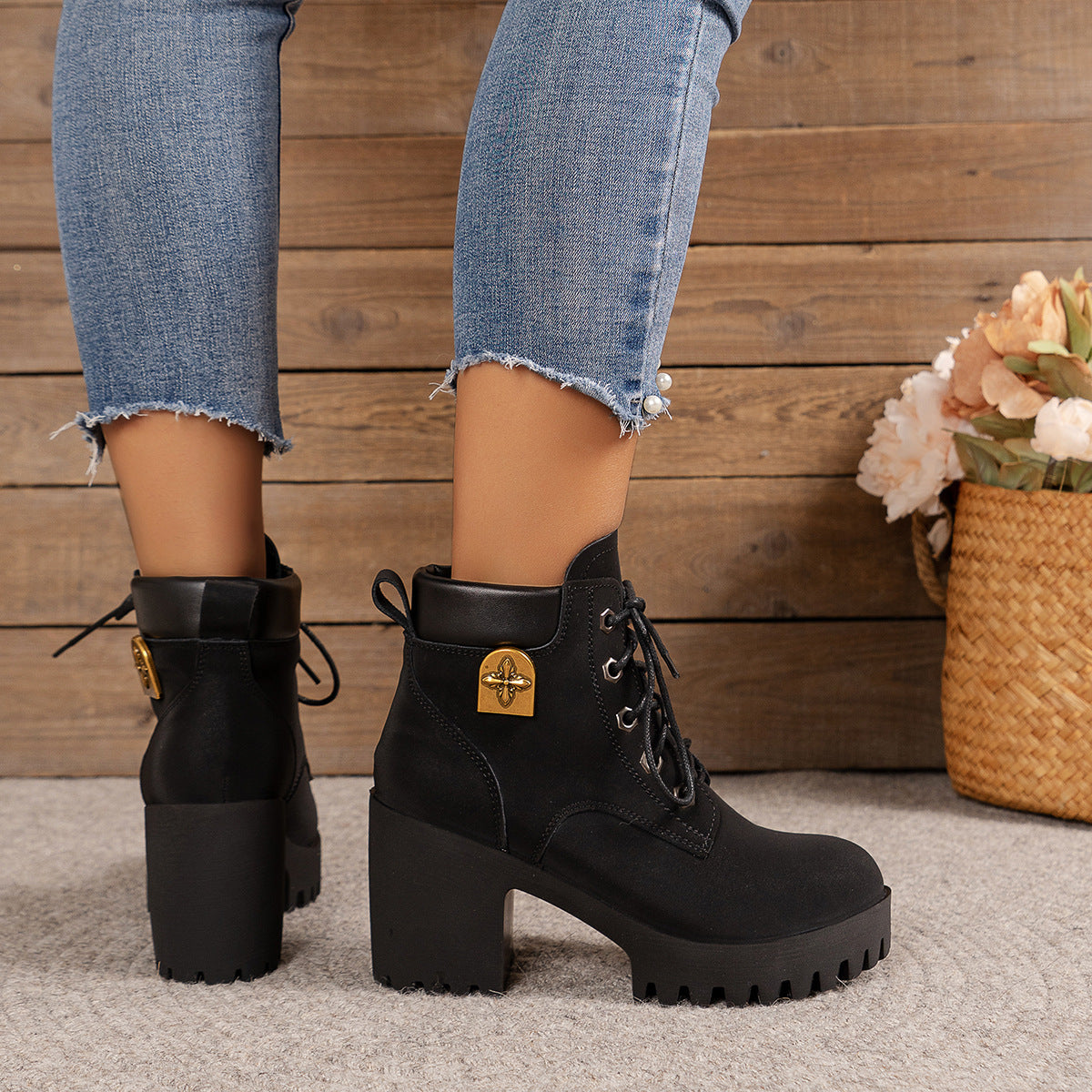 Damen Stiefeletten Schnürung Hoch Hacken Elegante Mode