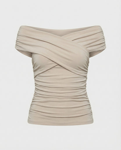 Damen Top Schulterfrei Figurbetont Raffung Drapierung Mode