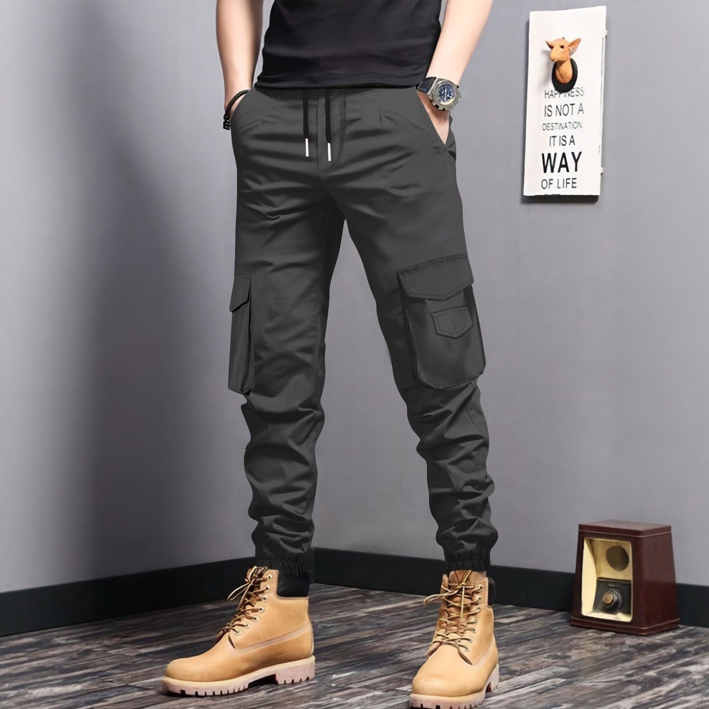Herren Cargo-Jogginghose Elastisch Mit Taschen Schwarz