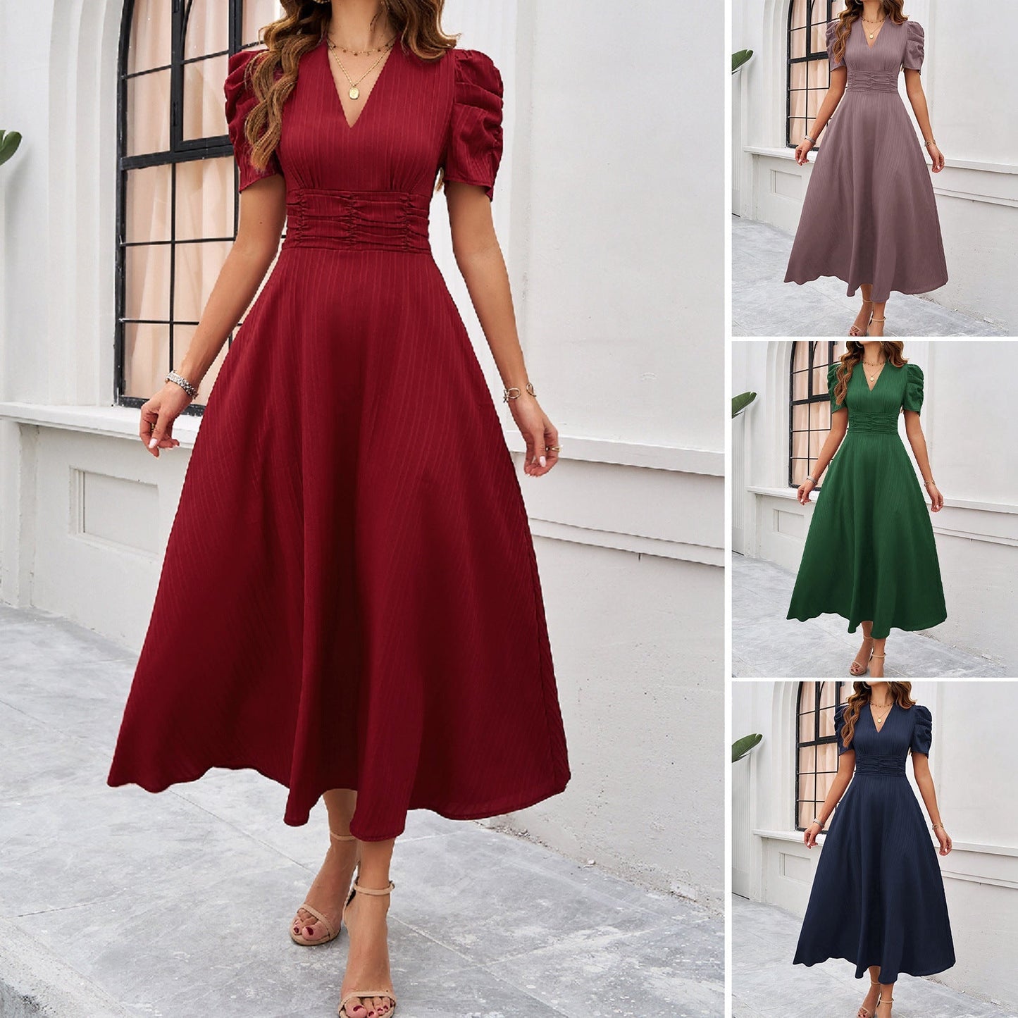 Damen Kleid Midi V-Ausschnitt Puffärmel Elegant - BerlinGlamour