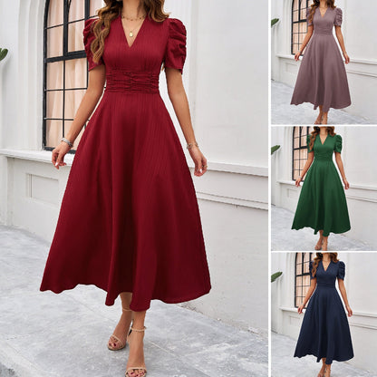 Damen Kleid Midi V-Ausschnitt Puffärmel Elegant - BerlinGlamour