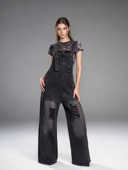Damen Latzhose Jeans Weitbein Riss Effekt