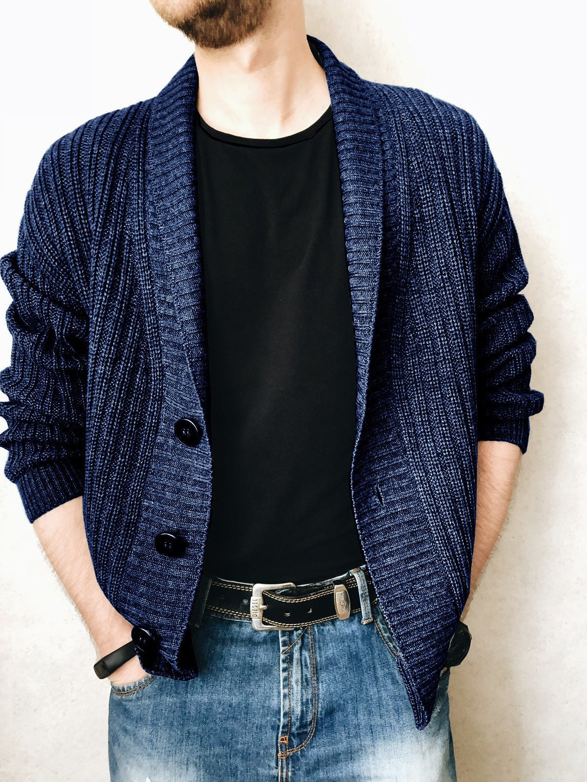 Herren Strickjacke Elegante Knöpfe Breiter Kragen Modern