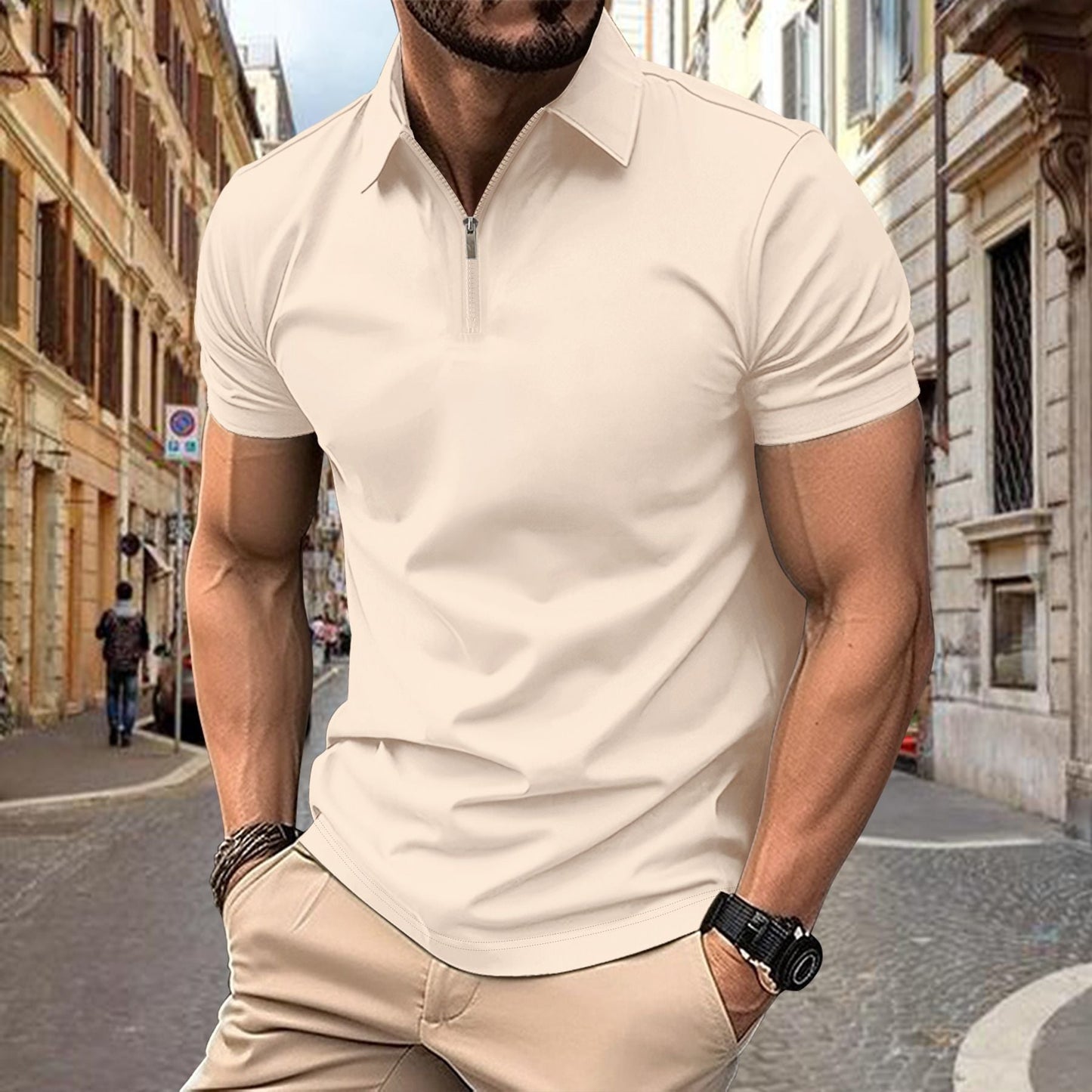 Herren Polohemd Modern Reißverschluss Slim Fit