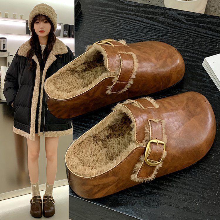 Damen Clogs Fellfutter Warme Schnalle Schuhe