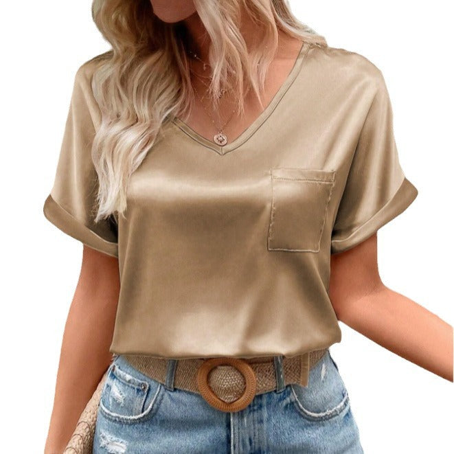 Damen T-Shirt V-Ausschnitt mit Brusttasche Lässig Elegant