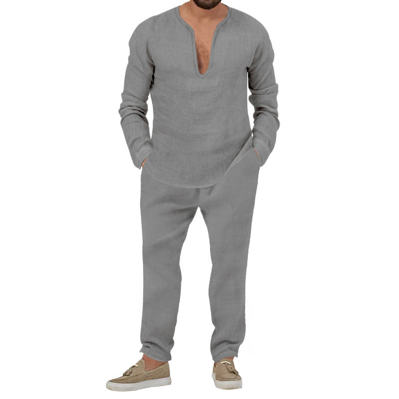 Herren Leinenanzug Set Elegantes Loungewear Stehkragen Modern
