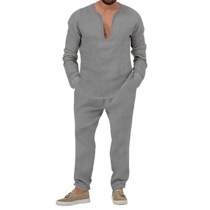 Herren Leinenanzug Set Elegantes Loungewear Stehkragen Modern