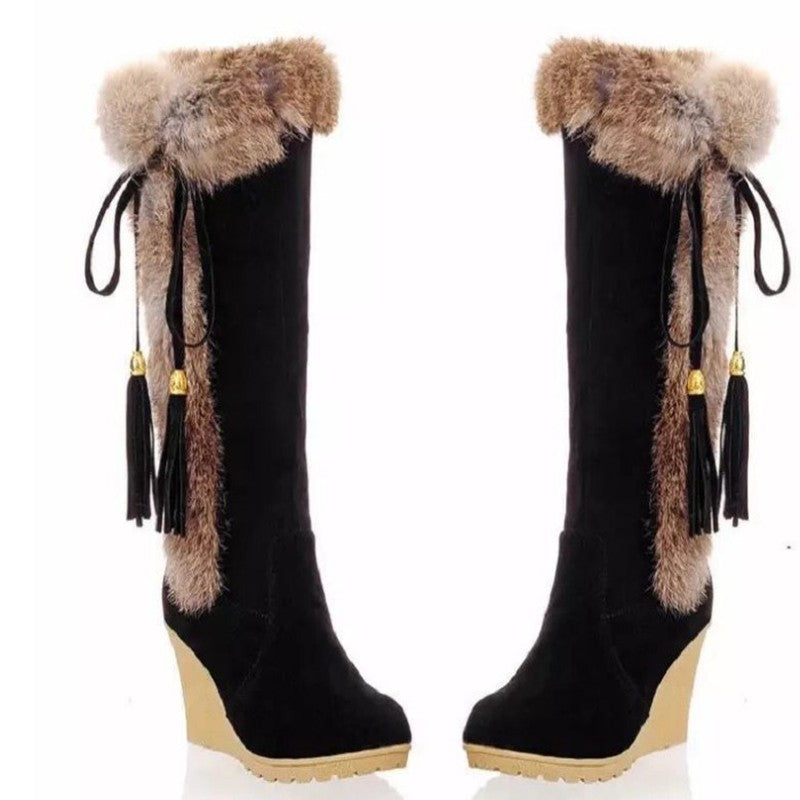 Damen Stiefel Wedge mit Kunstfell und Quasten Winter Mode