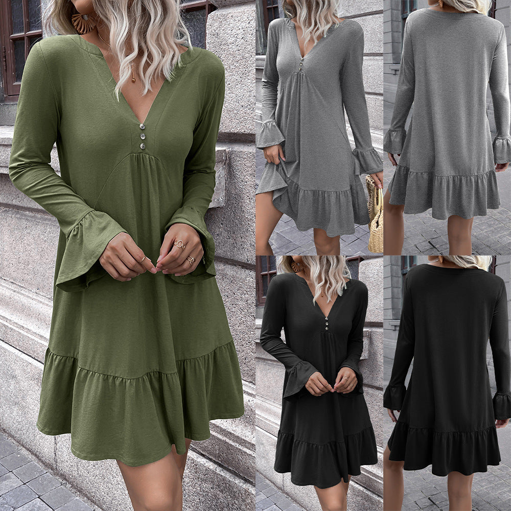 Damenkleid Locker V-Ausschnitt Glockenärmel Elegant - BerlinGlamour