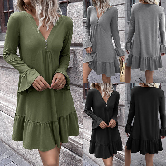 Damenkleid Locker V-Ausschnitt Glockenärmel Elegant - BerlinGlamour
