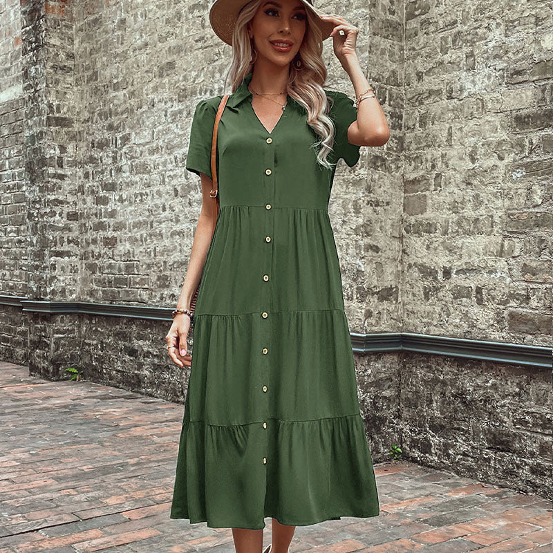 Elegantes Damen Kleid mit Knöpfen und Weitem Rock