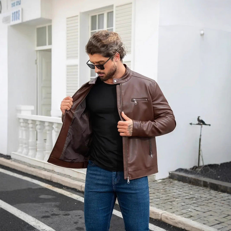 Herren Lederjacke Modern Kragen Schwarz Kunstleder