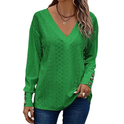 Damen Bluse V-Ausschnitt Langärmlig Gehäkelt Elegannt