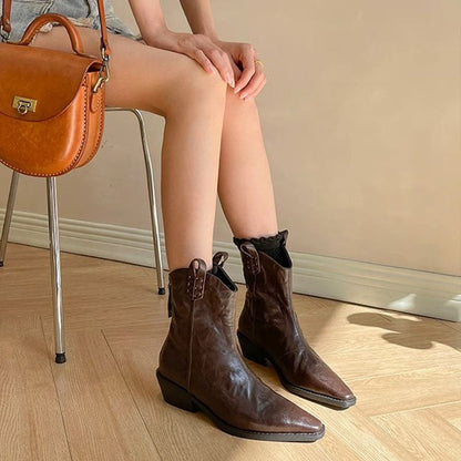 Damen Stiefel Elegante Ankle Boots Leder Schwarz Blockabsatz