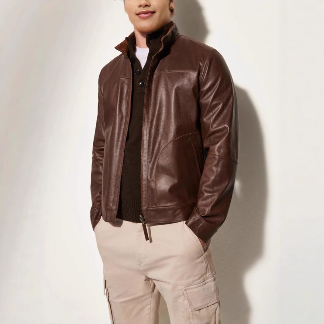 Herren Lederjacke Elegant Strukturiert Schwarzes Leder