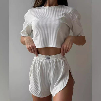 Damen Pyjama Set Bequem Atmungsaktiv Rippstruktur