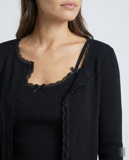 Damen Strick-Set Kurzcardigan Spitzenbesatz Leggings