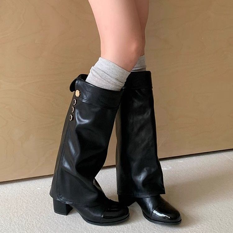 Damen Stiefel Elegante Blockabsatz Knöpfchen Detail Schuhe