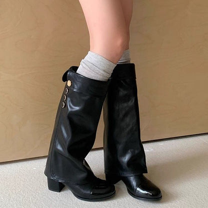 Damen Stiefel Elegante Blockabsatz Knöpfchen Detail Schuhe