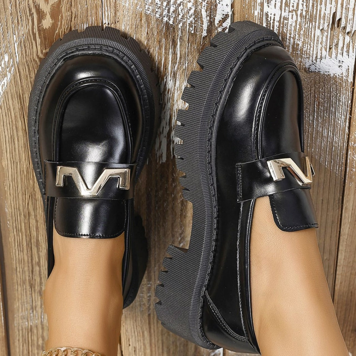 Damen Loafers Robust Schnalle Schuhe Modern
