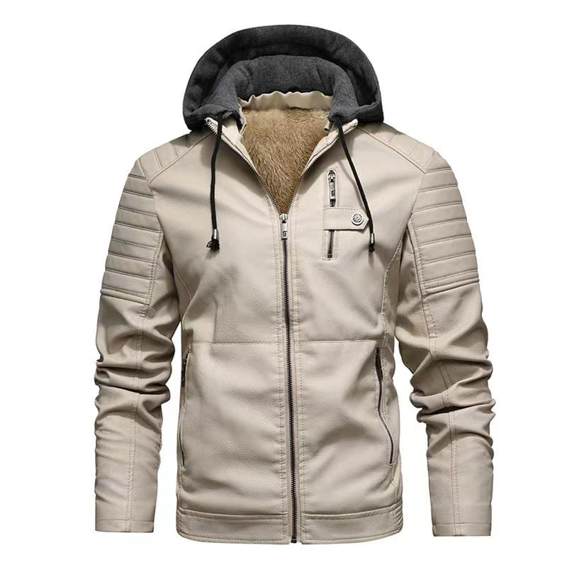 Herren Lederjacke mit abnehmbarem Kapuzenfutter Schwarz Ledermantel