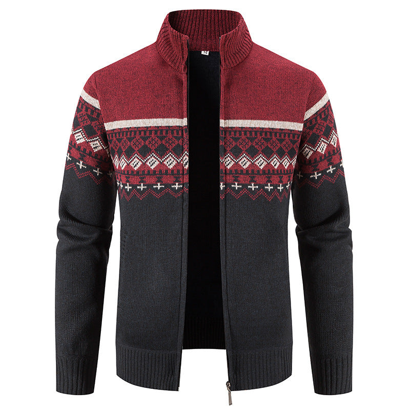Herren Strickjacke Norwegermuster Stehkragen Modern