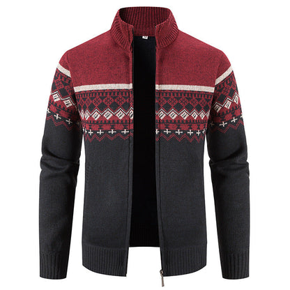 Herren Strickjacke Norwegermuster Stehkragen Modern
