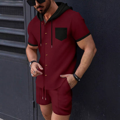 Herren Sportset Kurzarm Kapuze mit Druckknöpfen Casual