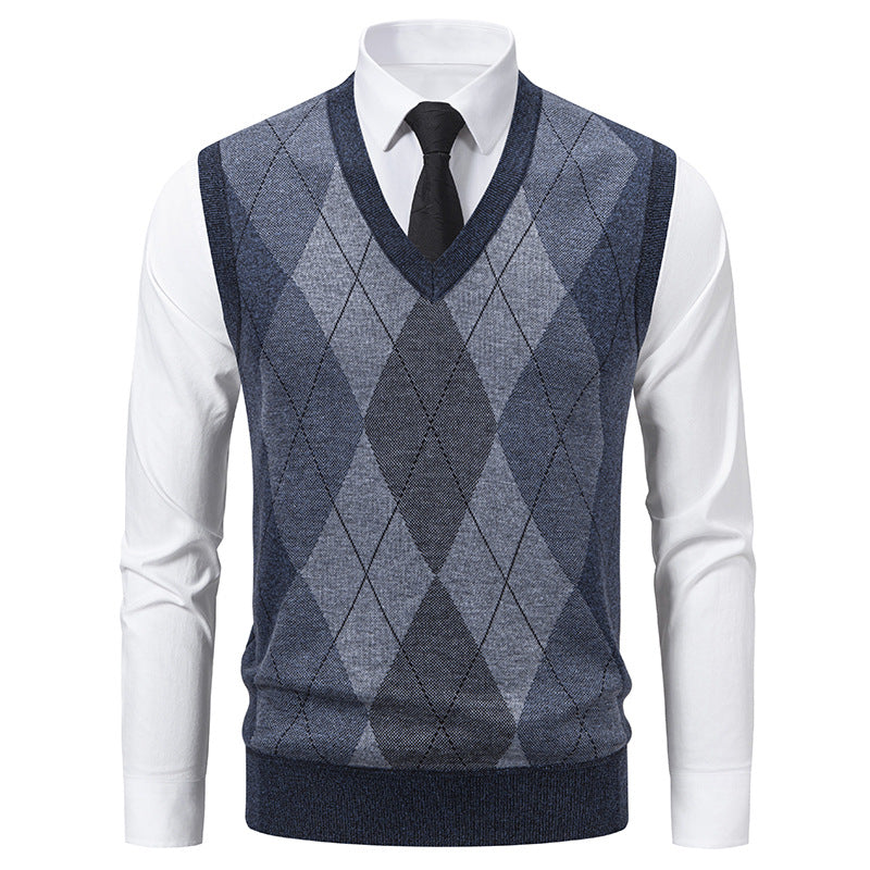 Herren Pullover V-Ausschnitt Strick mit Rautenmuster Elegant